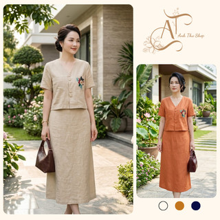 Set Bộ Đũi Thêu Hoa Trung Niên Cao Cấp – Áo Cộc Tay Cổ Tim Phối Chân Váy Dài Thanh Lịch Sang Trọng - Anh Thư Shop (AT52)