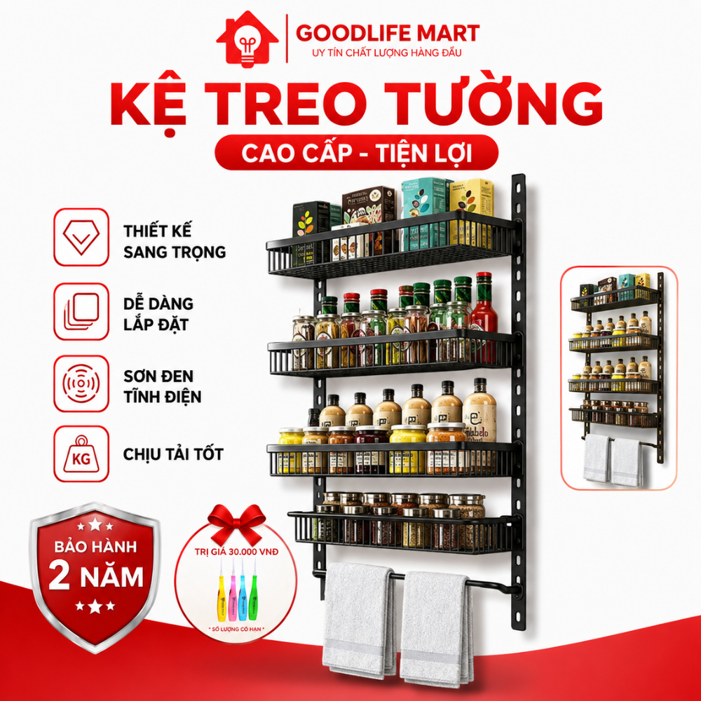 Giá để đồ treo tường sơn tĩnh điện màu đen, để đồ phòng tắm, nhà bếp, giá kệ treo tường không cần khoan