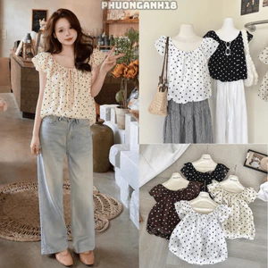 Áo babydoll tay bồng hàng QC họa tiết chấm bi 6466 A215