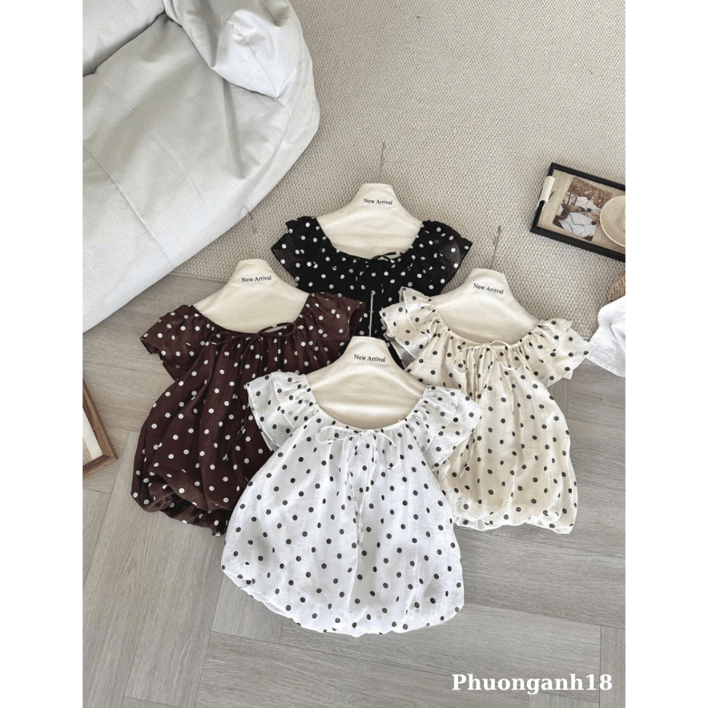 Áo babydoll tay bồng hàng QC họa tiết chấm bi 6466 A215