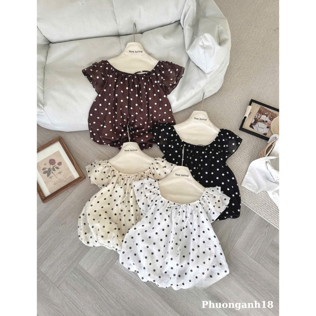 Áo babydoll tay bồng hàng QC họa tiết chấm bi 6466 A215