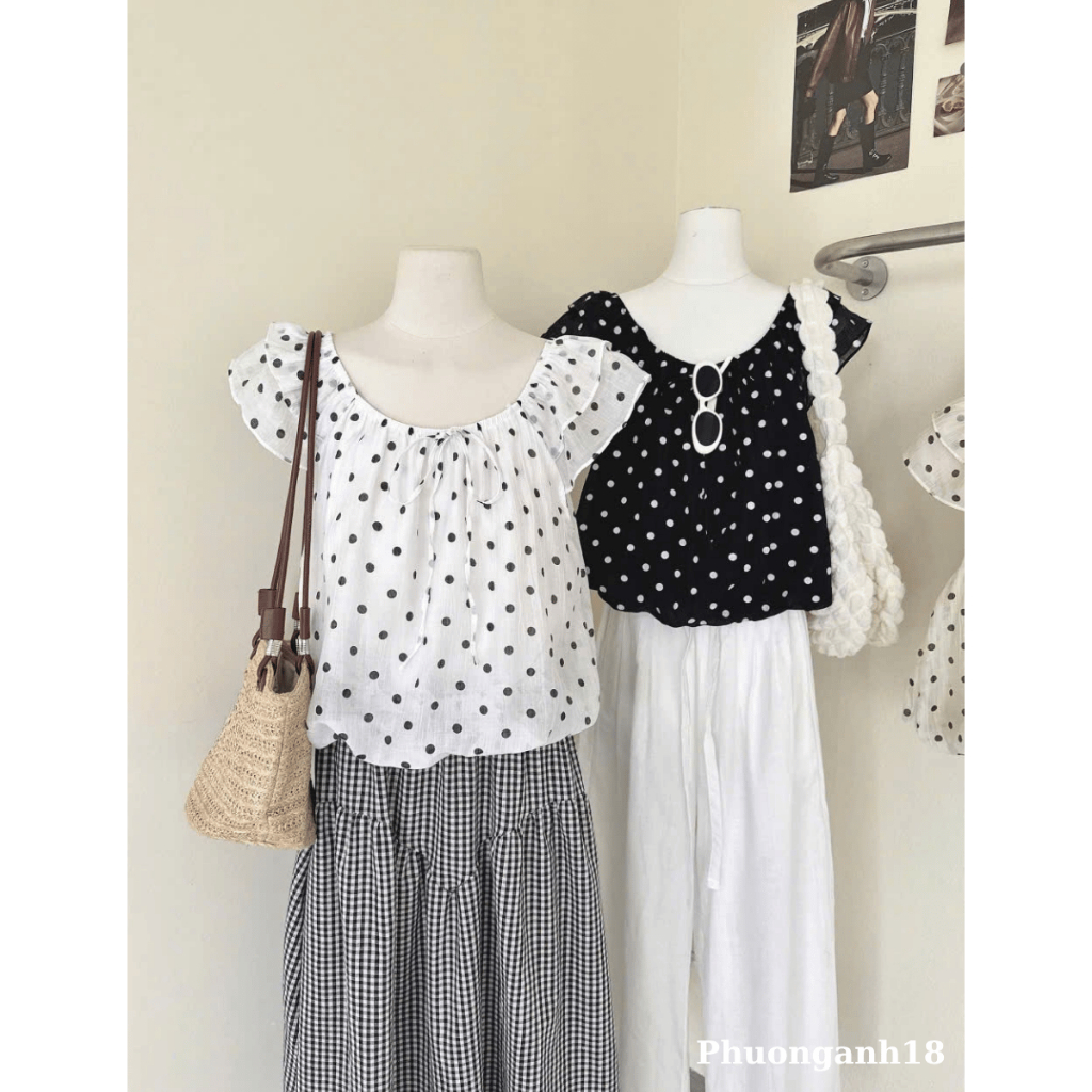 Áo babydoll tay bồng hàng QC họa tiết chấm bi 6466 A215