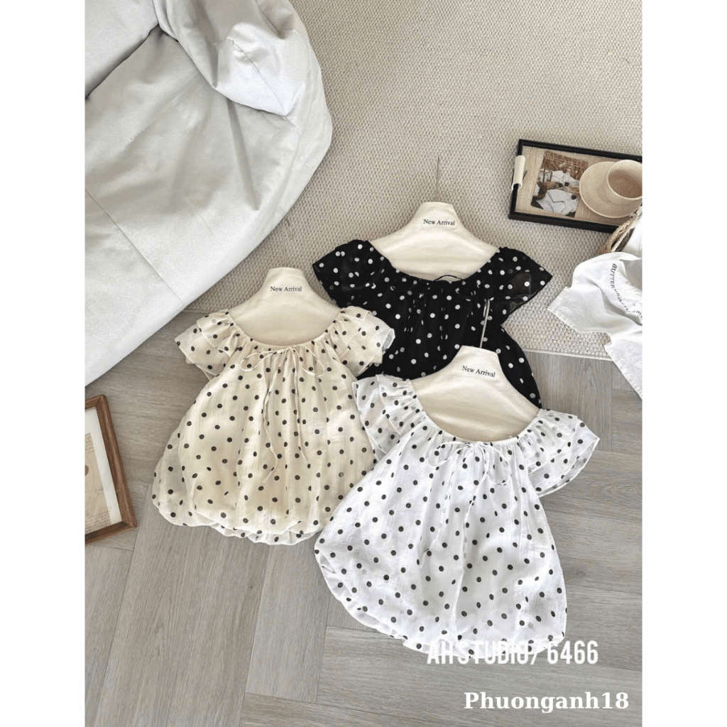 Áo babydoll tay bồng hàng QC họa tiết chấm bi 6466 A215