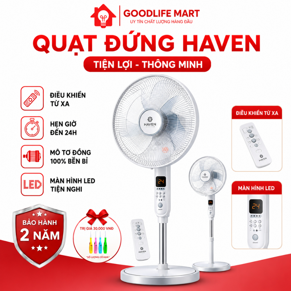 Quạt Cây Gió Mạnh Êm HAVEN 89 55W 5 Cánh Remote Điều Khiển Từ Xa Hẹn Giờ 24h Siêu Mát
