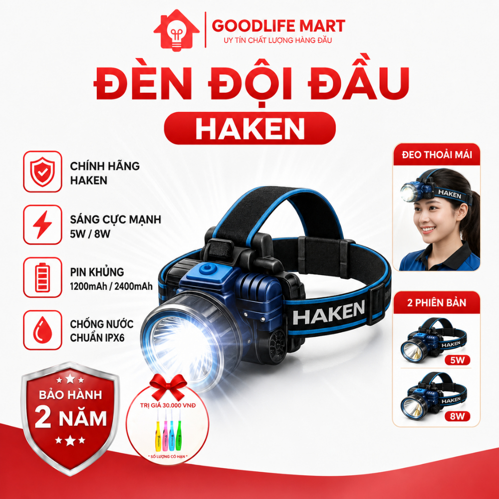 Đèn Đội Đầu Siêu Sáng HAKEN HK-HL09 5W/8W – Pin Trâu, Sạc USB, Chống Nước, Đeo Đầu Tiện Lợi