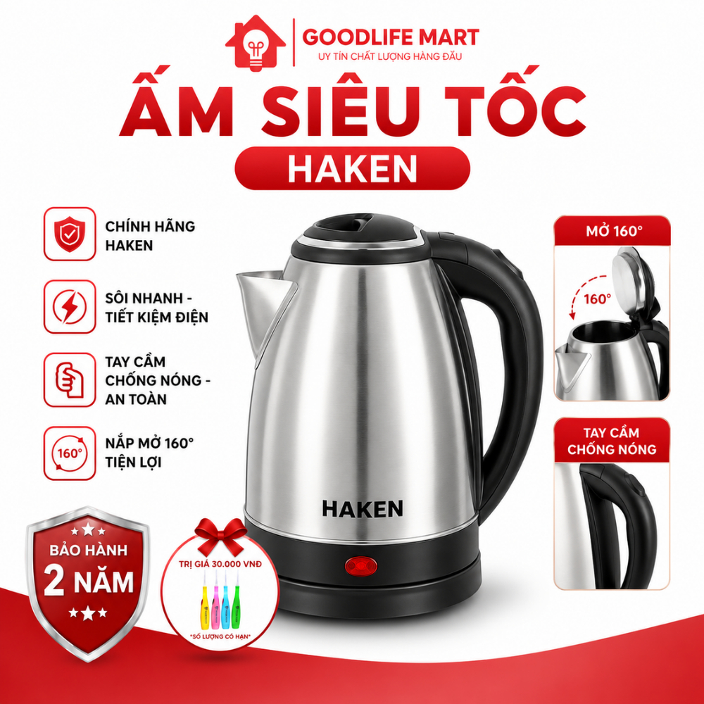 Ấm Đun Nước Siêu Tốc HAKEN 1.8L – 1500W Inox 304, Sôi Nhanh, Tự Ngắt, Đế Xoay 360 Độ