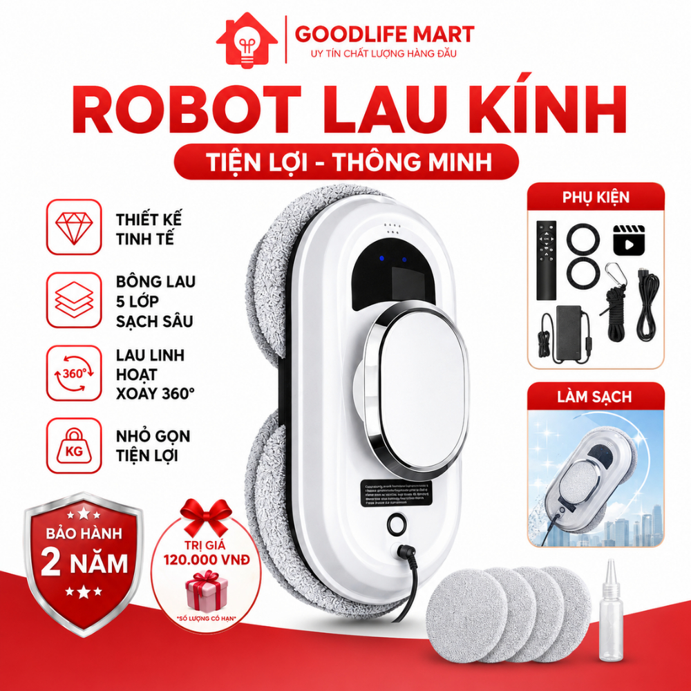 Robot Lau Kính Tự Động, Máy Lau Kính Tự Động, Lực Hút 5600PA Phù Hợp Với Nhiều Loại Bề Mặt Kính