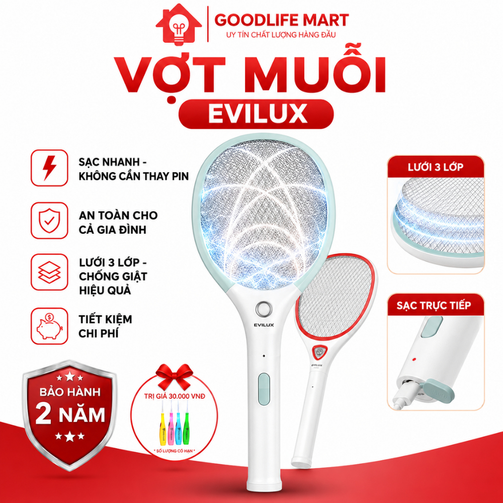 Vợt Muỗi Điện EVILUX VM1 / VM3 – Diệt Muỗi 3000V, Pin Sạc, Đèn LED, Lưới 3 Lớp An Toàn Cao Cấp
