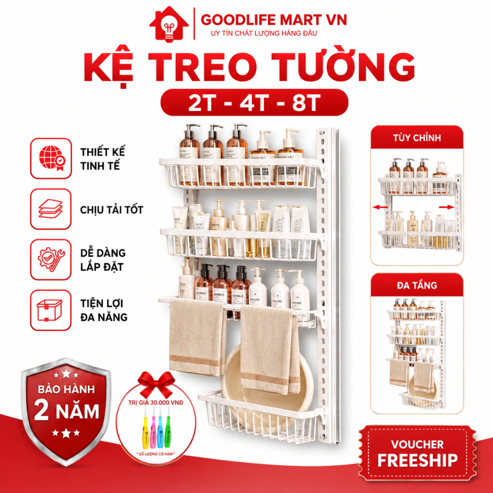 Giá để đồ treo tường, để đồ phòng tắm, nhà bếp, giá kệ đa năng giá kệ treo tường không cần khoan