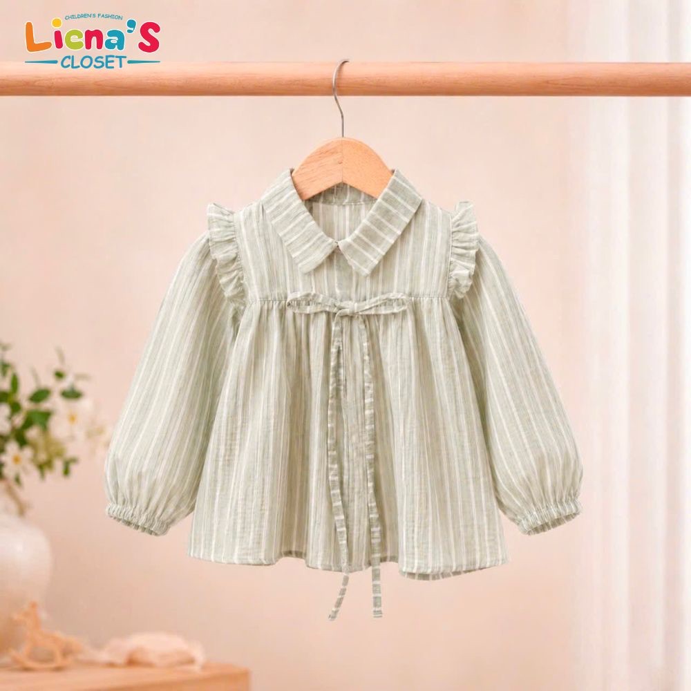 Bộ Quần Áo Dài Tay Bé Gái Hoạ Tiết Kẻ Sọc Phong Cách Hàn Quốc Vải Đũi Mềm Liena's Closet