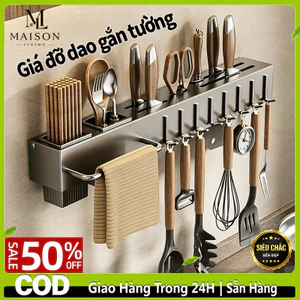 Giá treo đồ nhà bếp Kệ dao kéo treo tường kèm ống đựng đũa thìa thanh treo khăn lau bếp có móc treo