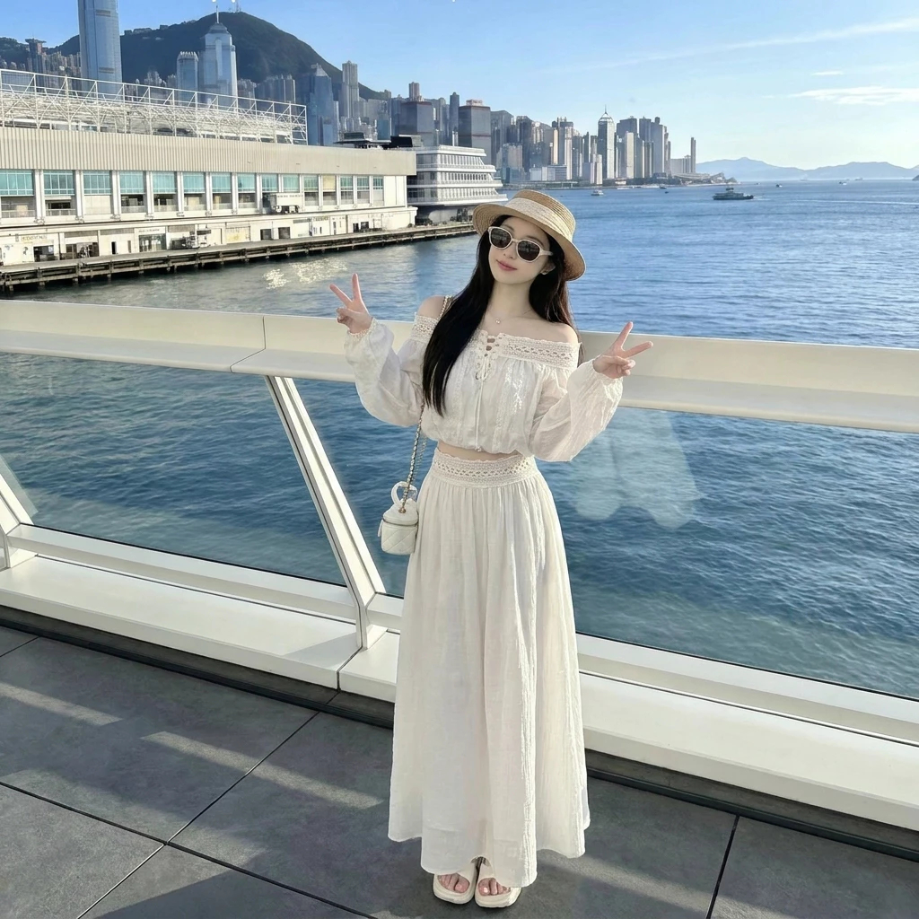 Outfit đi biển nữ set áo kiểu dệt hoa nổi kèm chân váy maxi xuyên thấu nhẹ quyến rũ phong cách Hàn Quốc HCOM27256