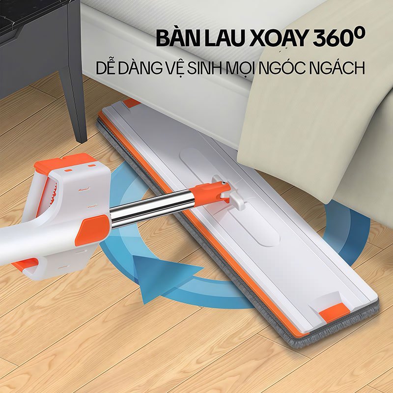 Cây Lau Nhà Tự Vắt KITIMOP WHITE 42CM, Chổi Lau Nhà Tự Vắt Thông Minh Xoay 360 Độ, 3 Bông Lau