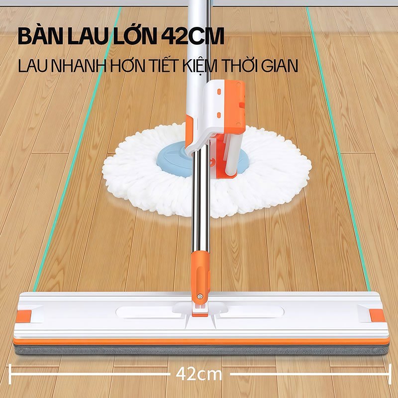 Cây Lau Nhà Tự Vắt KITIMOP WHITE 42CM, Chổi Lau Nhà Tự Vắt Thông Minh Xoay 360 Độ, 3 Bông Lau