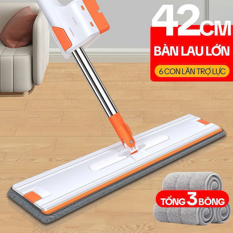 Cây Lau Nhà Tự Vắt KITIMOP WHITE 42CM, Chổi Lau Nhà Tự Vắt Thông Minh Xoay 360 Độ, 3 Bông Lau