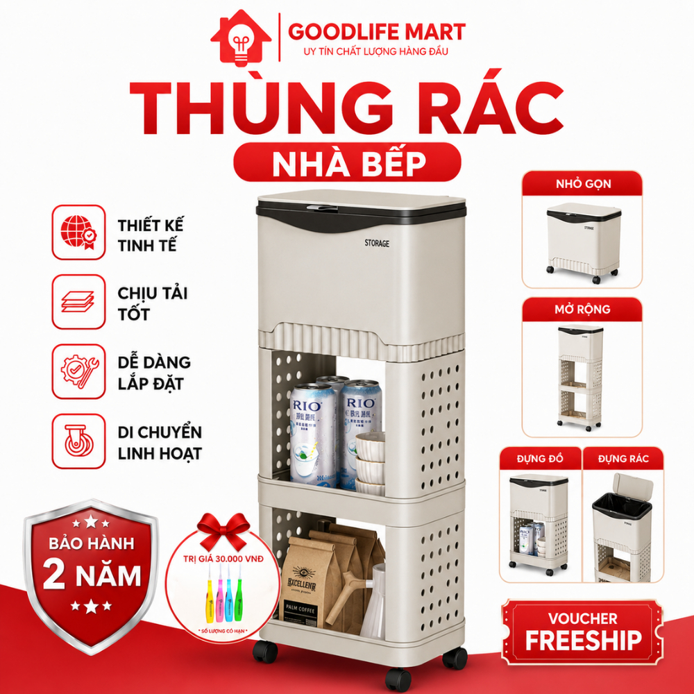 Thùng rác nhà bếp kèm để đồ thùng rác đa năng có bánh xe di chuyển chất liệu nhựa cao cấp