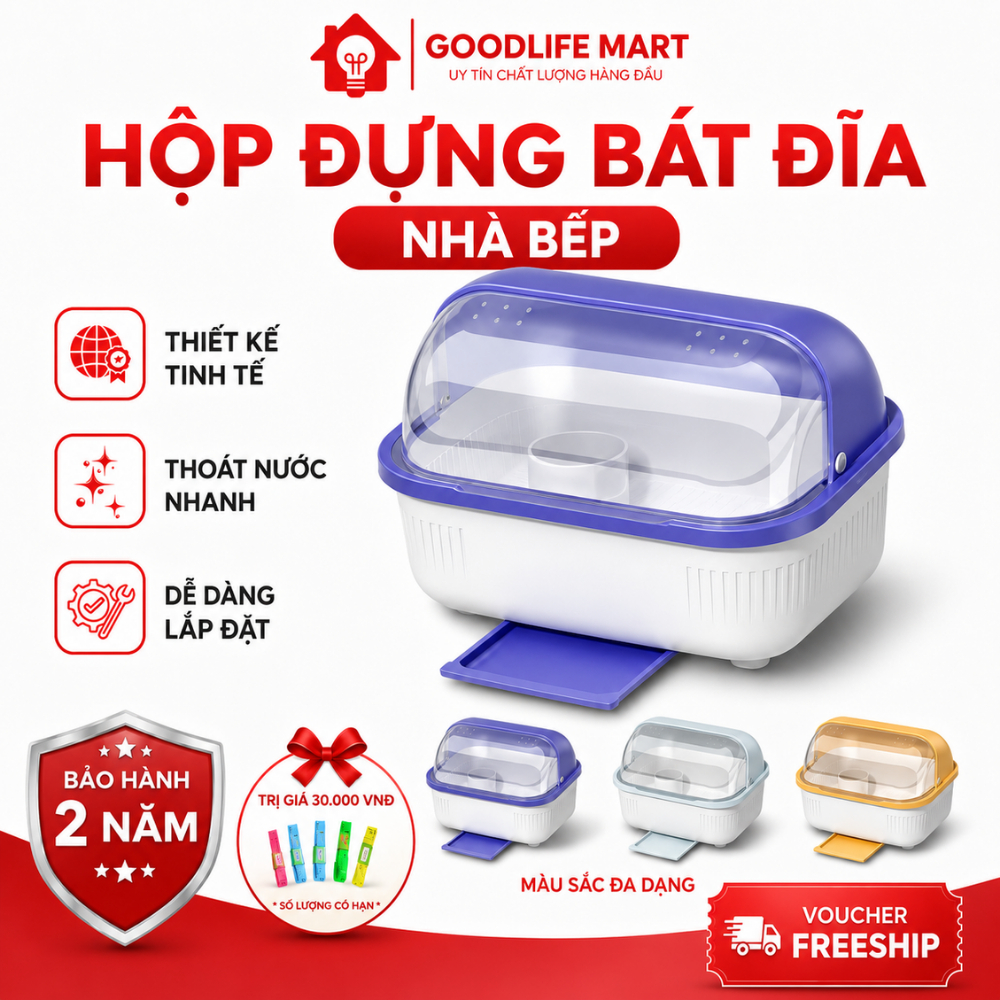Hộp đựng bát đĩa có nắp, hộp đựng đồ bát đĩa có khay đựng thoát nước, chất liệu nhựa cao cấp, an toàn dễ sử dụng