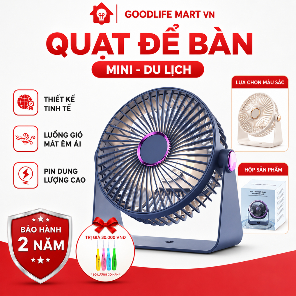 Quạt để bàn tích điện 5 cấp độ gió , quạt để văn phòng, treo nhà vệ sinh, có led, pin trâu 4h