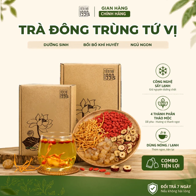 Set Trà Đông Trùng Tứ Vị Tiệm Trà 1990s, trà thảo mộc ngủ ngon, hỗ trợ tuần hoàn máu, làm đẹp da, tăng sức đề kháng