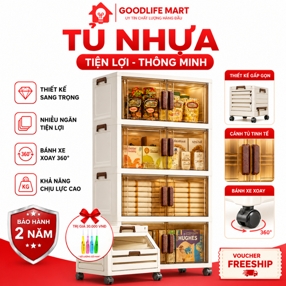 Tủ nhựa đa năng gấp gọn có bánh xe, tủ nhựa để đồ cao cấp có bánh xe xoay 360 độ, cửa nam châm chiêu chắc chắn