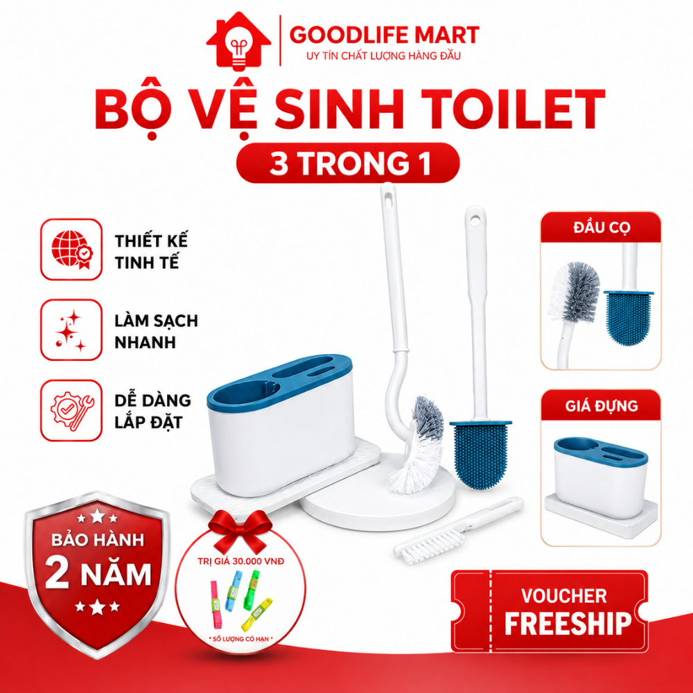 Bộ cọ vệ sinh 3 món, cọ nhà tắm có khay đựng thoát nước, treo tường nhà tắm, nhà vệ sinh tiện lợi