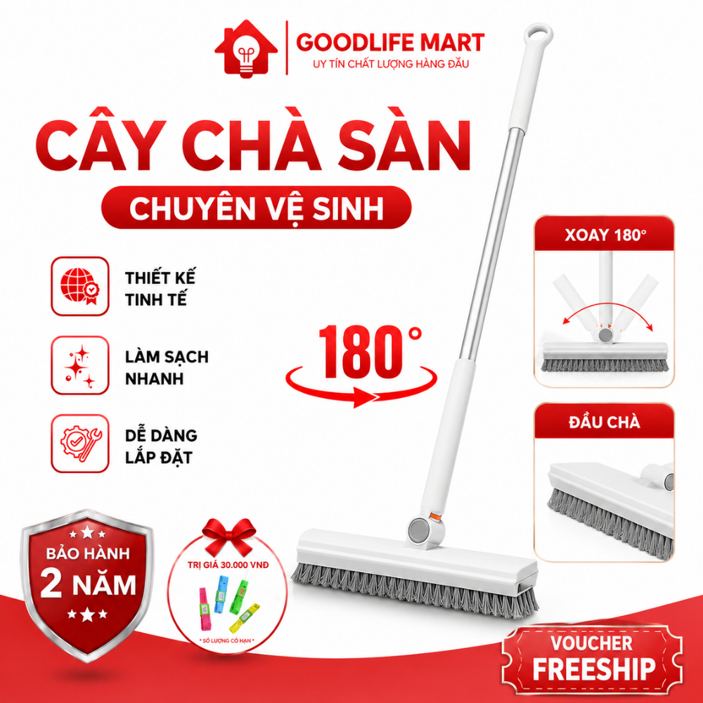 Cây chà sàn nhà tắm, cây vệ sinh tolet, chà sàn nhà tắm thông minh đa năng  3in1 tay cầm inox