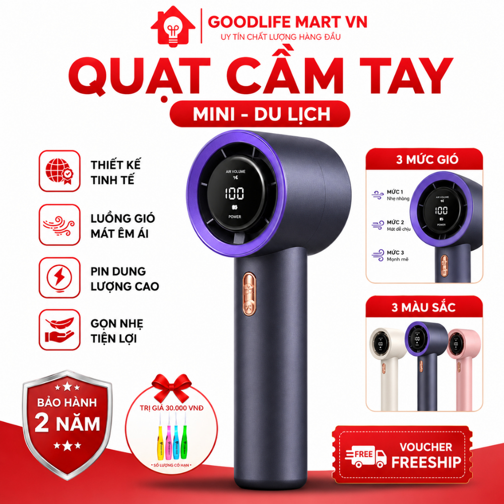 Quạt cầm tay mini 200 tốc độ gió, màn hình led, gió siêu manh, pin duy trì 4h, thiết kế thời trang