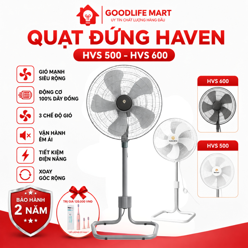Quạt Cây HAVEN HVS 500 & HVS 600 Cao Cấp – Gió Mạnh, Êm Ái, Tiết Kiệm Điện Bảo Hành 5 Năm
