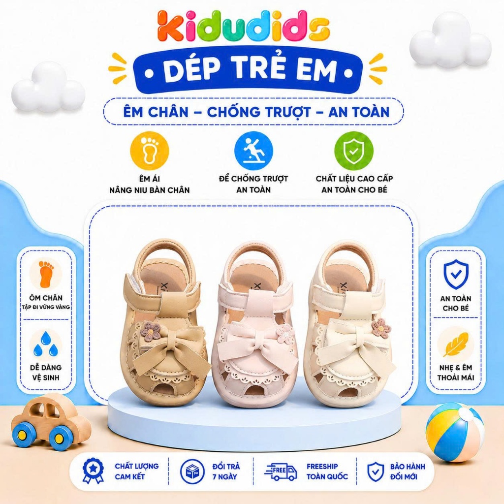 Dép Trẻ Em Tập Đi Có Còi Kidudids Nơ Hoa Cao Cấp Sandal Mềm Nhẹ Chống Trơn Size 16-20