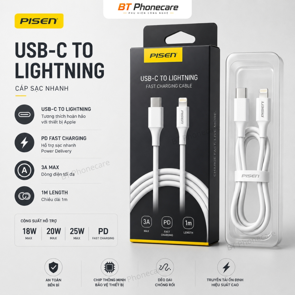 Cáp Sạc Nhanh PISEN USB-C To Lightning 1m PD 3A Hỗ Trợ Sạc Nhanh 18W 20W 25W