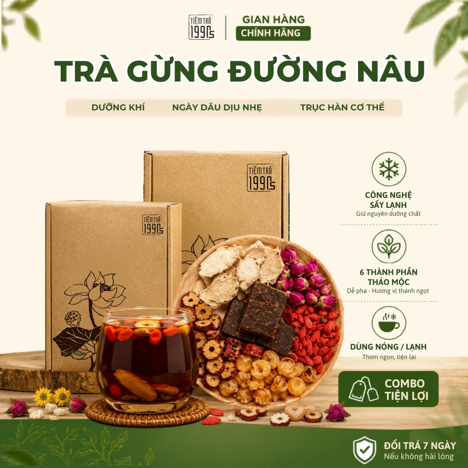Set Trà Gừng Đường Nâu Tiệm Trà 1990s Giảm Đau Bụng Kinh, Giữ Ấm Cơ Thể, Ấm Tử Cung, Bổ Máu