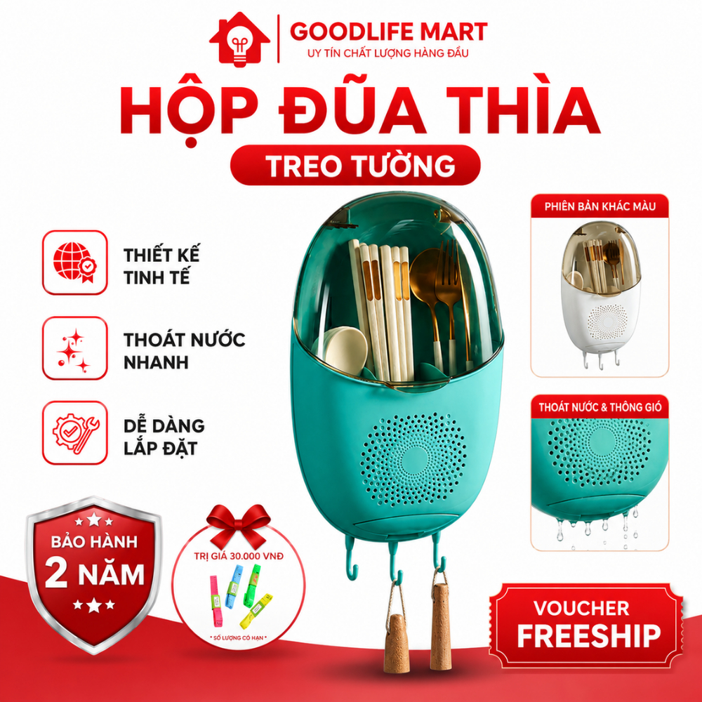 Hộp đựng đũa muỗng treo tường thoáng khí ngăn ẩm mốc có nắp đậy chống bụicôn trùng tích hợp móc treo