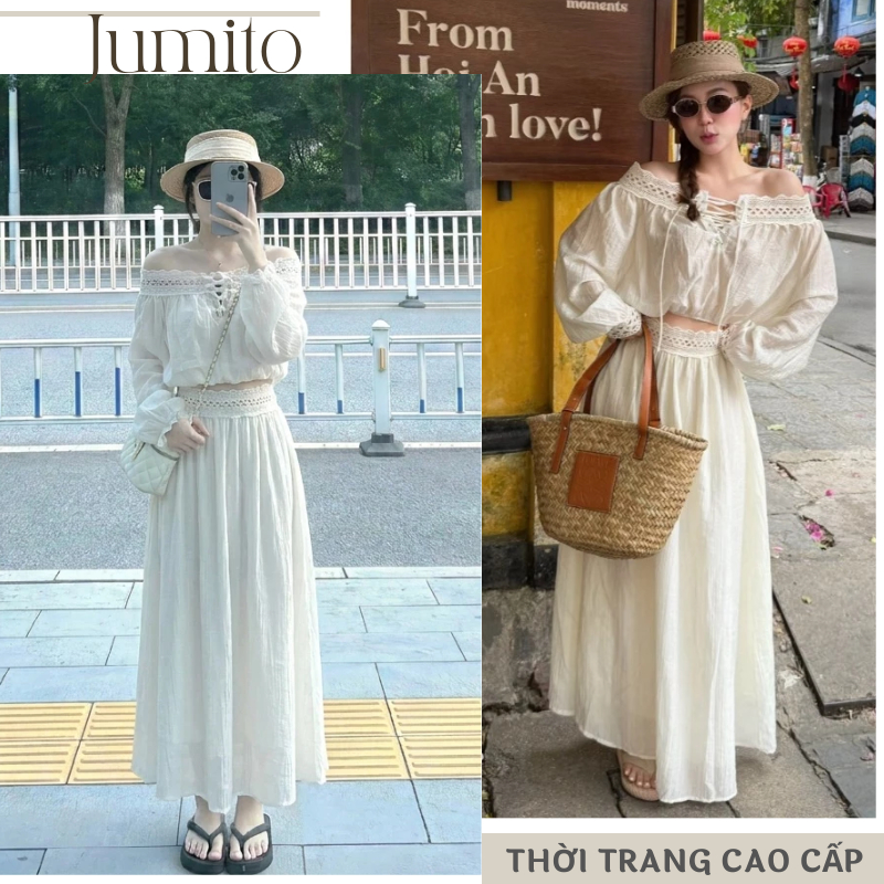 Set đồ nữ maxi hai mảnh áo lửng trễ vai phối ren bo chun tay dài kết hợp chân váy dài mặc đi du lịch hè HCOM27256