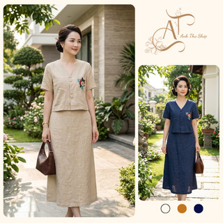 Set Bộ Đũi Thêu Hoa Trung Niên Cao Cấp – Áo Cộc Tay Cổ Tim Phối Chân Váy Dài Thanh Lịch Sang Trọng - Anh Thư Shop (AT52)