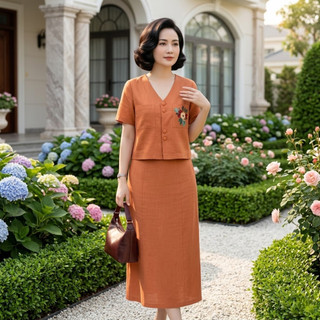 Set Bộ Đũi Thêu Hoa Trung Niên Cao Cấp – Áo Cộc Tay Cổ Tim Phối Chân Váy Dài Thanh Lịch Sang Trọng - Anh Thư Shop (AT52)
