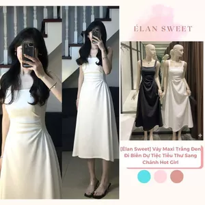 Váy Hai Dây Bản To Dáng Dài Cổ Vuông Nhún Eo - Váy Maxi Trắng Đen Đi Biển Dự Tiệc Tiểu Thư Sang Chảnh