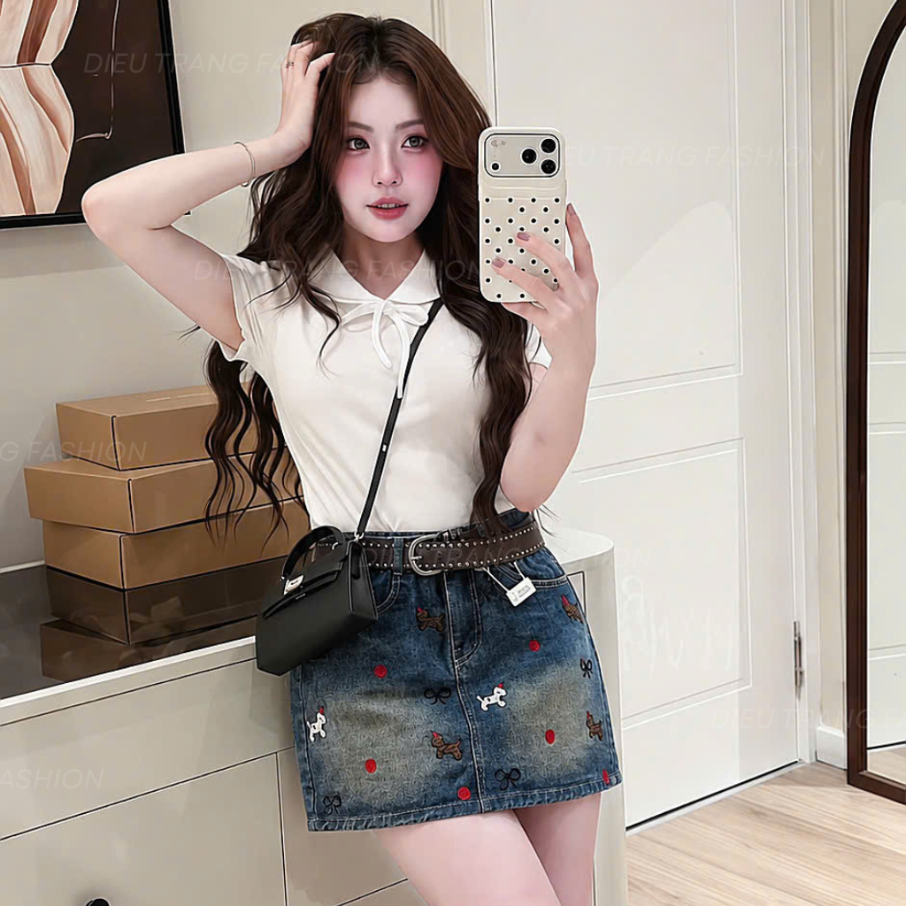 Chân Váy Ngắn Chữ A Cạp Cao Bigsize Chất Jean Mềm Mại Thêu Họa Tiết Ngựa DIEUTRANG_FASHION QC2119