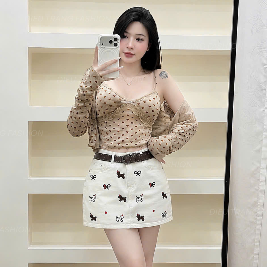 Chân Váy Ngắn Chữ A Cạp Cao Bigsize Chất Jean Mềm Mại Thêu Họa Tiết Ngựa DIEUTRANG_FASHION QC2119