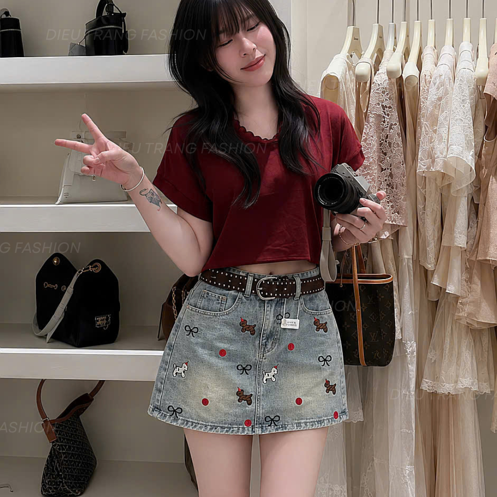 Chân Váy Ngắn Chữ A Cạp Cao Bigsize Chất Jean Mềm Mại Thêu Họa Tiết Ngựa DIEUTRANG_FASHION QC2119