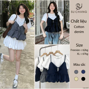 Set Áo Đũi Tay Bồng Kèm Yếm 2 Dây Nơ Trước Phối Dáng Bí (Có Lẻ Áo) S818 Su Chang Thời Trang Nữ