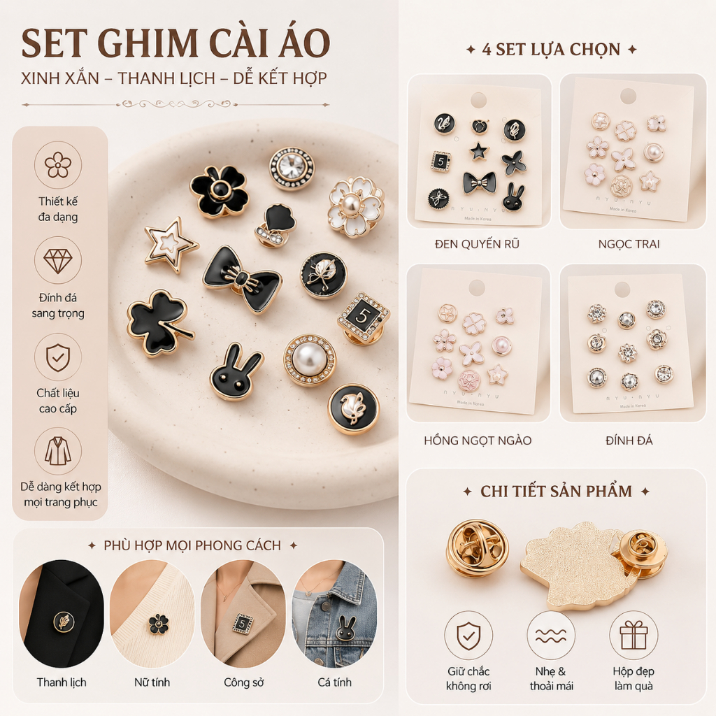 Khuy áo chống lộ ngực tinh tế phong cách ngọt ngào cho áo sơ mi váy đầm