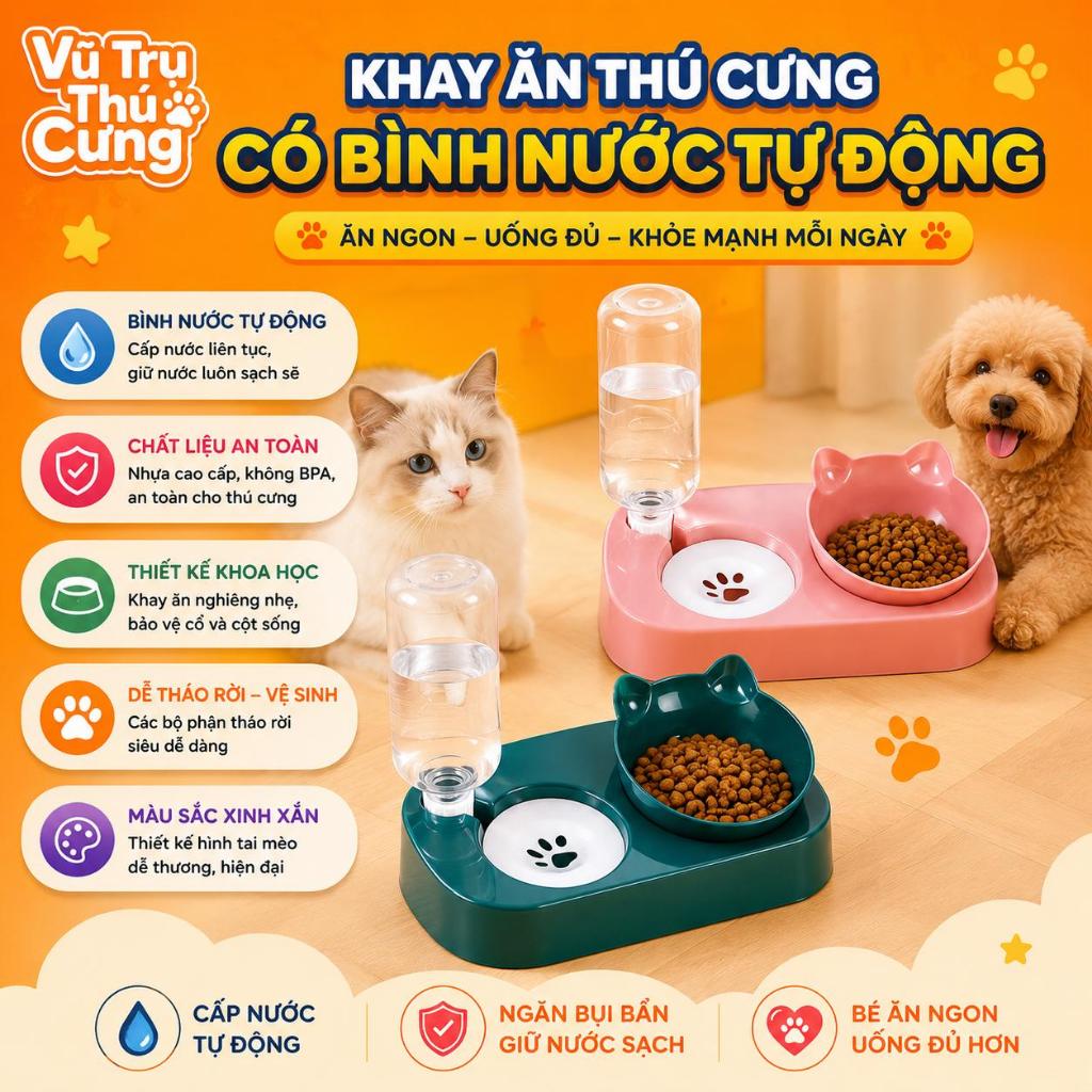 Bát Ăn Đôi Cho Thú Cưng Có Bình Nước Tự Động, Chống Gù Lưng