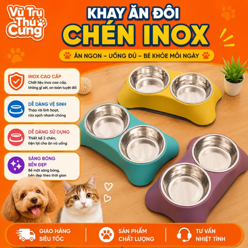 Khay Đựng Thức Ăn Cho Chó Mèo Kèm 2 Bát Inox Dễ Dàng Vệ Sinh
