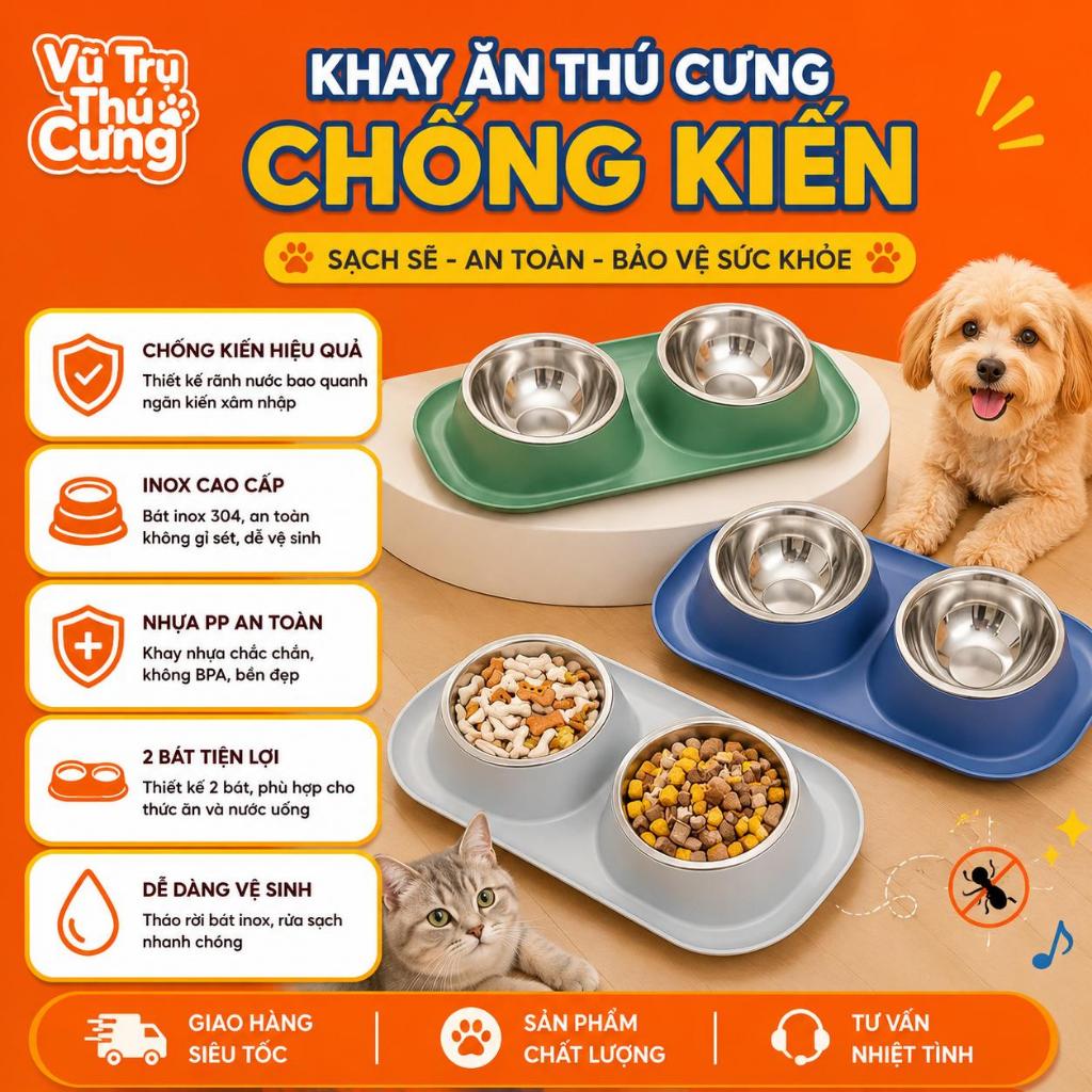 Bát Ăn Cho Chó Mèo Chống Kiến Kèm 2 Chén Inox