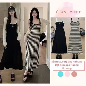 Váy Hai Dây Dệt Kim Sọc Ngang Ulzzang - Đầm Body Dáng Dài Co Giãn Phối Viền Đi Biển Dạo Phố Ombre Hot Girl