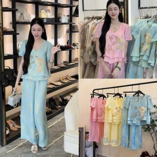 Sét áo lụa cộc tay đính chim thủ công + quần xuông lụa