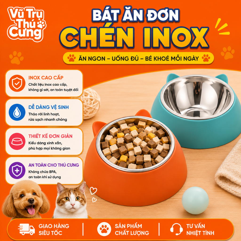 Bát Ăn Đơn Cho Thú Cưng Chất Liệu Inox Sạch Sẽ, Tiện Lợi