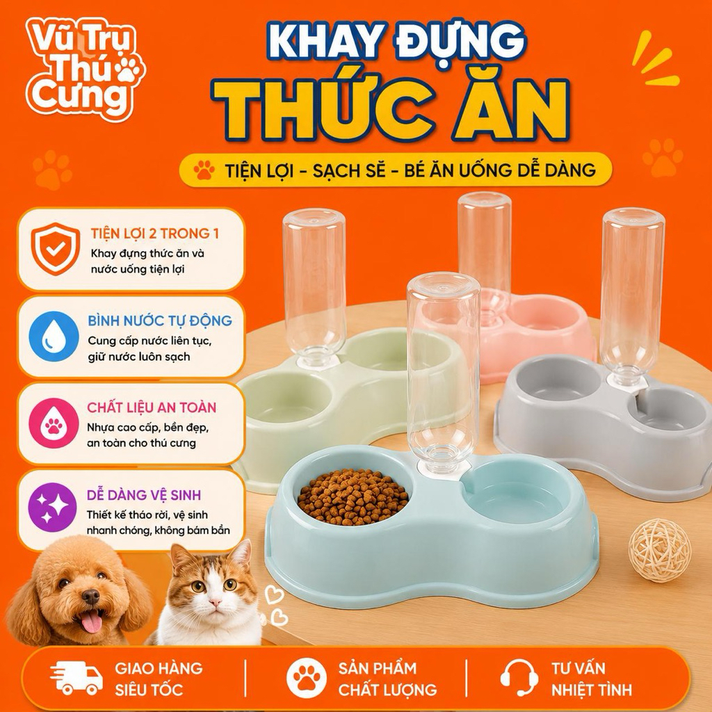 Bát ăn đôi cho Chó Mèo kèm bình nước tự động 500ml