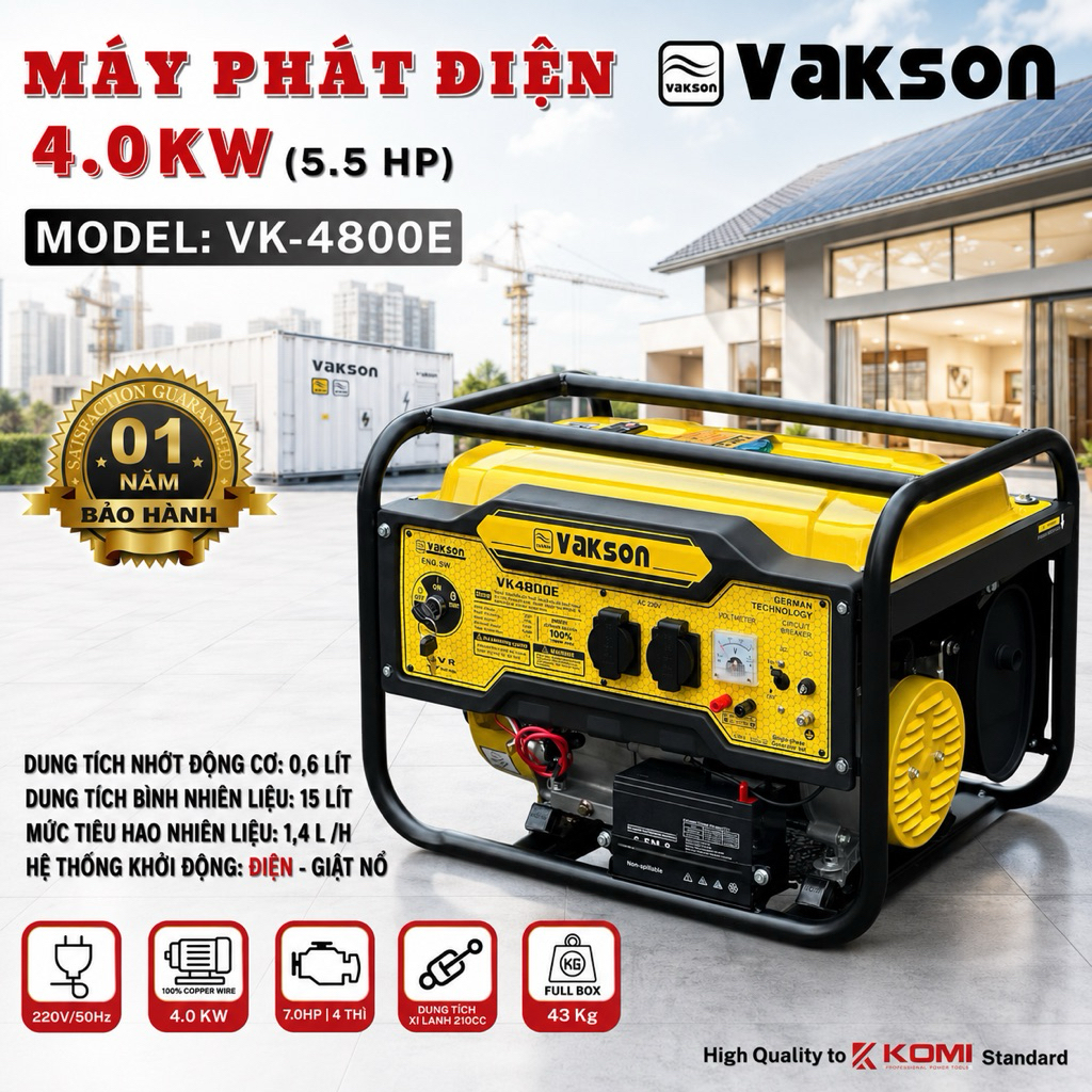 Máy Phát Điện Gia Đình VAKSON 220V – Máy Phát Điện Chạy Xăng E10 3kW/4kW Tiết Kiệm Nhiên Liệu, Có Đề