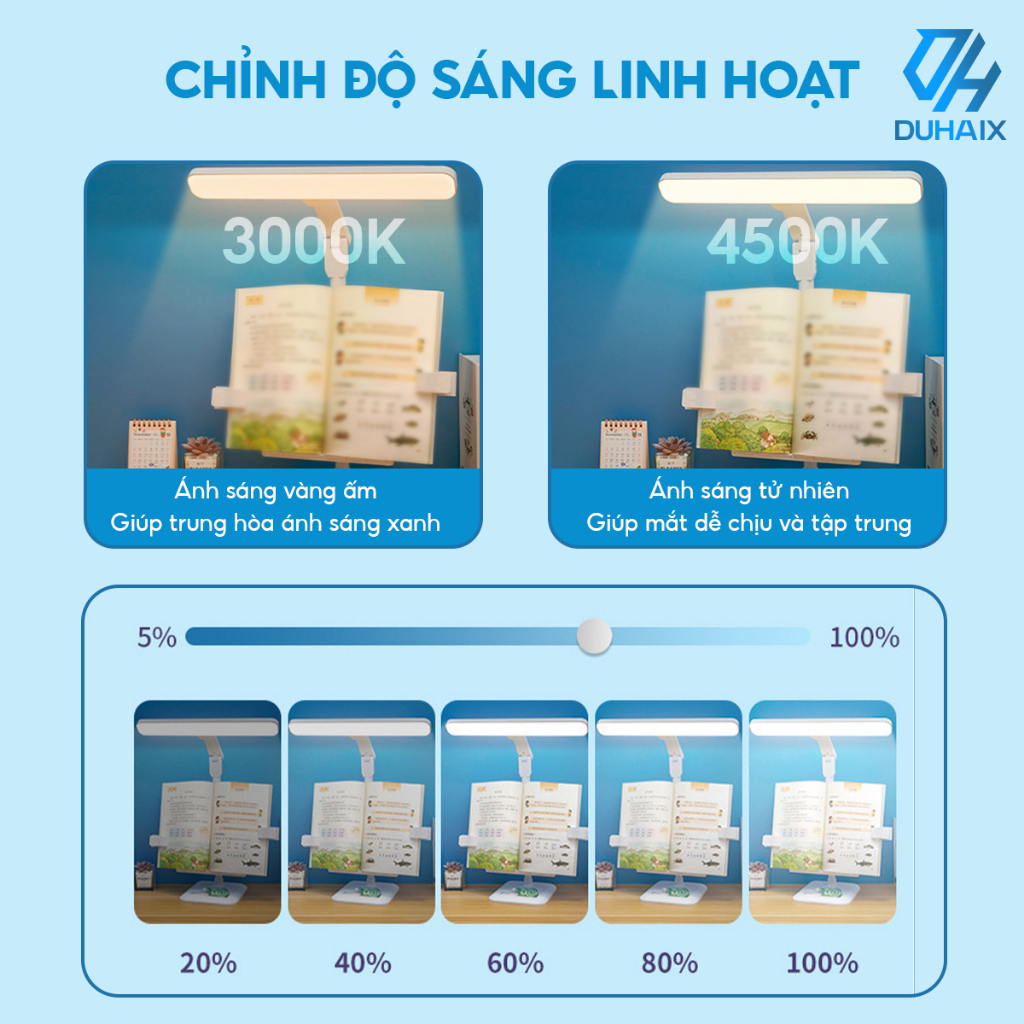Đèn học để bàn chống cận bảo vệ mắt, Giá kẹp sách, Tích điện 3200mAh, 3 chế độ ánh sáng, ĐC ánh sáng vô cấp, BH 12th
